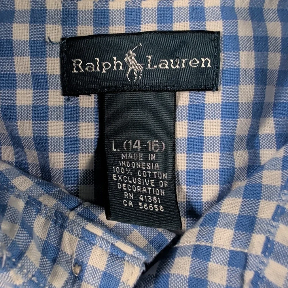 Ralph Lauren Shirt Boys Large 14-16 Blue Check Button Up Long Sleeve‎ Green Pony